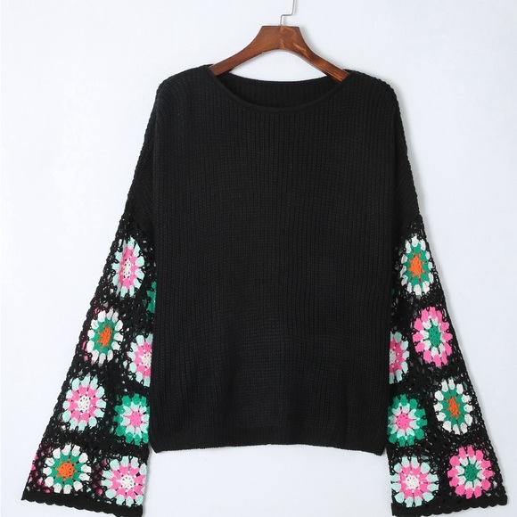 Black Floral Crochet Bell Sleeve Loose sweater Bohemian Blouse - Picture 8 of 16